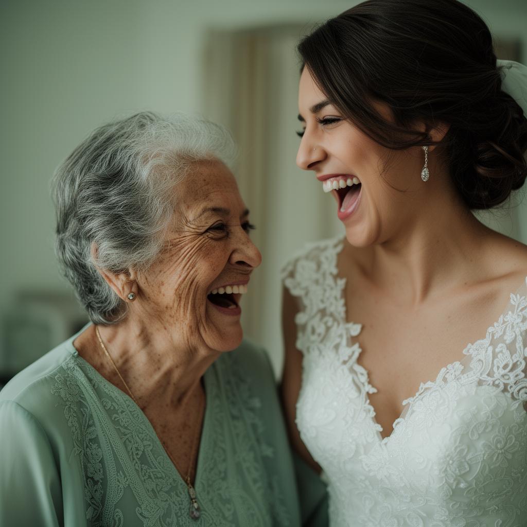 Novia y abuela compartiendo risa antes de la boda